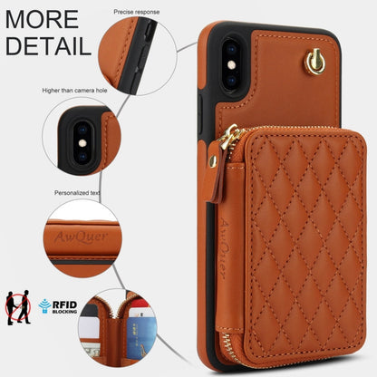 For iPhone XR AwQuer Crossbody Zipper Wallet Rhombic Leather Back Phone Case(Brown)