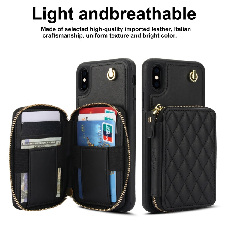 For iPhone XS Max AwQuer Crossbody Zipper Wallet Rhombic Leather Back Phone Case(Black)