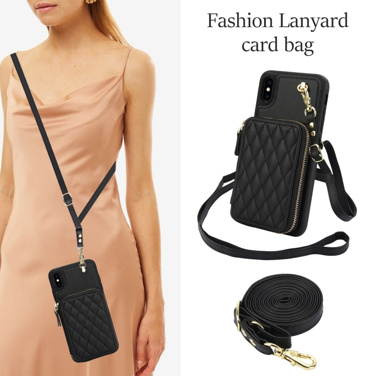 For iPhone XS Max AwQuer Crossbody Zipper Wallet Rhombic Leather Back Phone Case(Black)