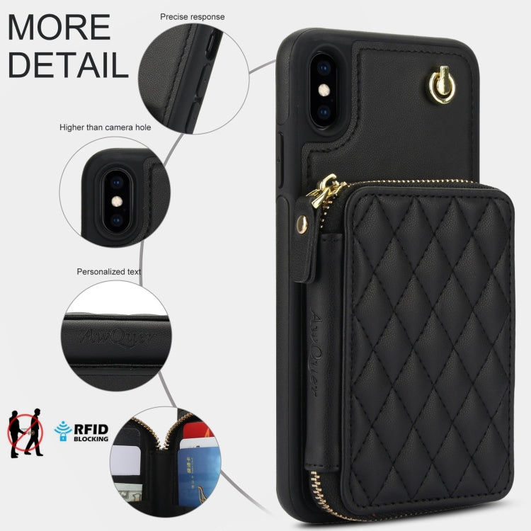 For iPhone XS Max AwQuer Crossbody Zipper Wallet Rhombic Leather Back Phone Case(Black)