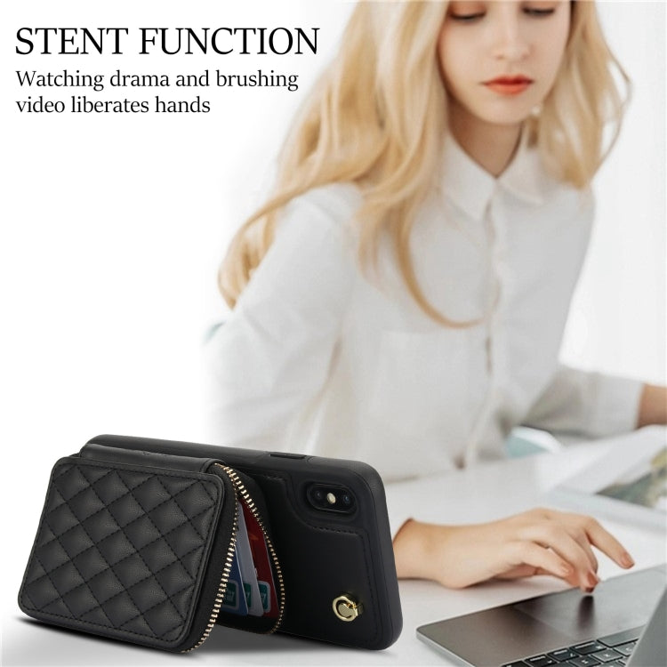 For iPhone XS Max AwQuer Crossbody Zipper Wallet Rhombic Leather Back Phone Case(Black)