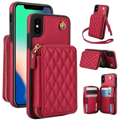 For iPhone XS Max AwQuer Crossbody Zipper Wallet Rhombic Leather Back Phone Case(Red)
