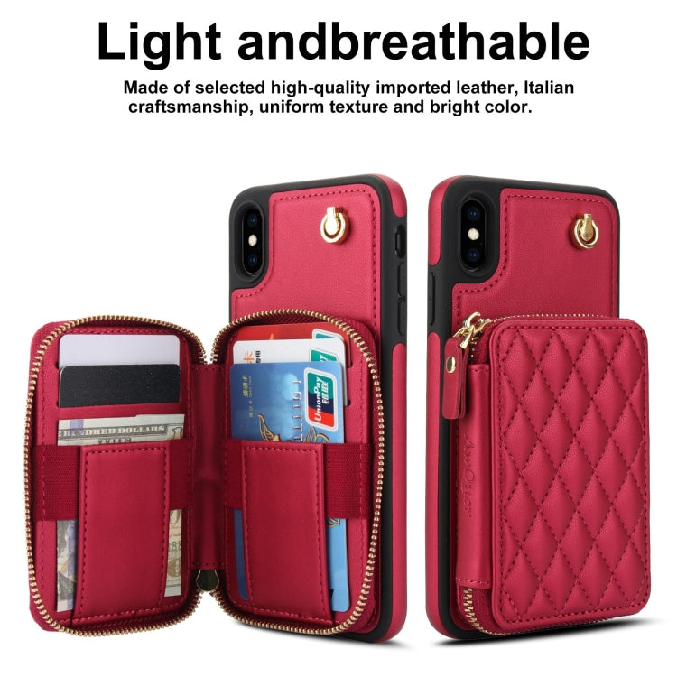 For iPhone XS Max AwQuer Crossbody Zipper Wallet Rhombic Leather Back Phone Case(Red)