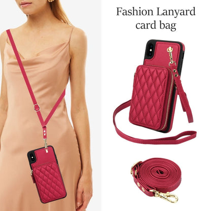 For iPhone XS Max AwQuer Crossbody Zipper Wallet Rhombic Leather Back Phone Case(Red)