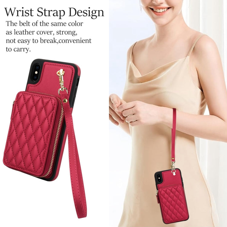For iPhone XS Max AwQuer Crossbody Zipper Wallet Rhombic Leather Back Phone Case(Red)