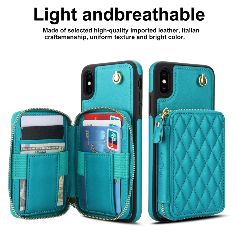 For iPhone XS Max AwQuer Crossbody Zipper Wallet Rhombic Leather Back Phone Case(Green)