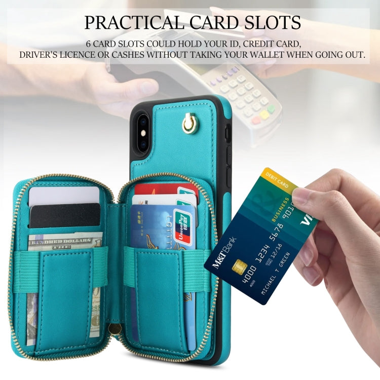 For iPhone XS Max AwQuer Crossbody Zipper Wallet Rhombic Leather Back Phone Case(Green)