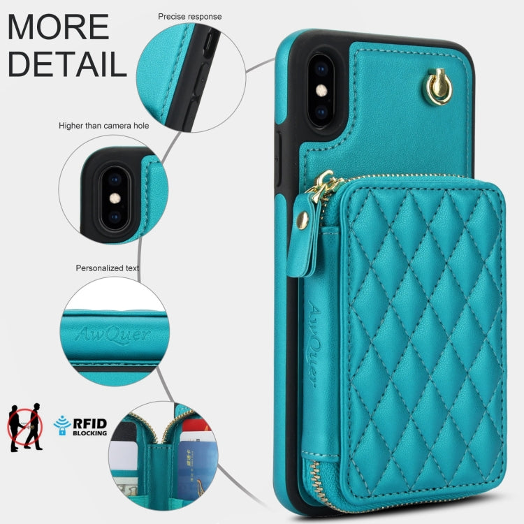 For iPhone XS Max AwQuer Crossbody Zipper Wallet Rhombic Leather Back Phone Case(Green)
