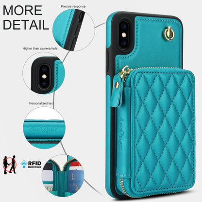 For iPhone XS Max AwQuer Crossbody Zipper Wallet Rhombic Leather Back Phone Case(Green)