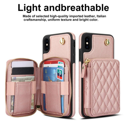 For iPhone XS Max AwQuer Crossbody Zipper Wallet Rhombic Leather Back Phone Case(Rose Gold)