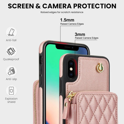 For iPhone XS Max AwQuer Crossbody Zipper Wallet Rhombic Leather Back Phone Case(Rose Gold)