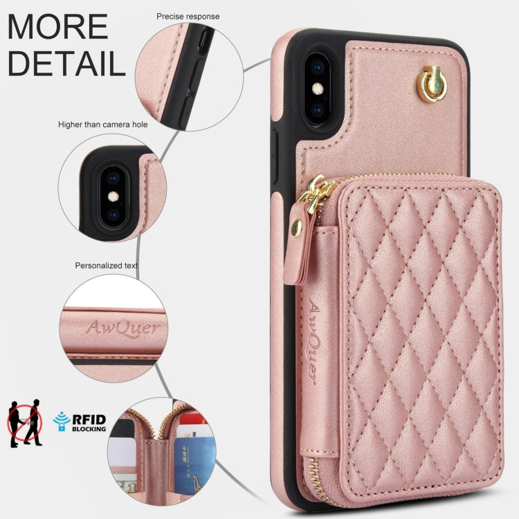 For iPhone XS Max AwQuer Crossbody Zipper Wallet Rhombic Leather Back Phone Case(Rose Gold)