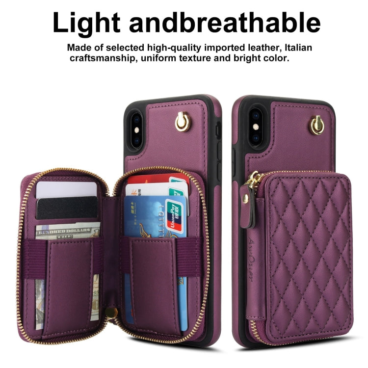 For iPhone XS Max AwQuer Crossbody Zipper Wallet Rhombic Leather Back Phone Case(Dark Purple)