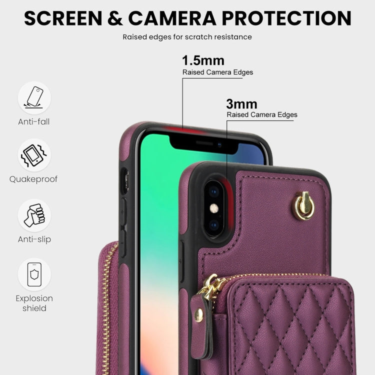 For iPhone XS Max AwQuer Crossbody Zipper Wallet Rhombic Leather Back Phone Case(Dark Purple)