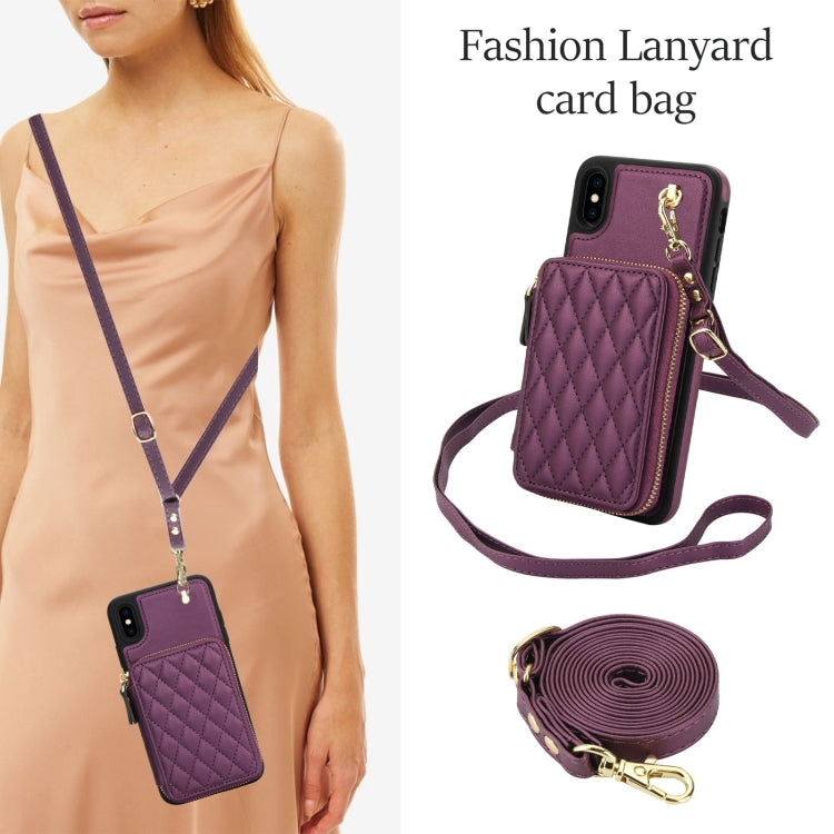 For iPhone XS Max AwQuer Crossbody Zipper Wallet Rhombic Leather Back Phone Case(Dark Purple)