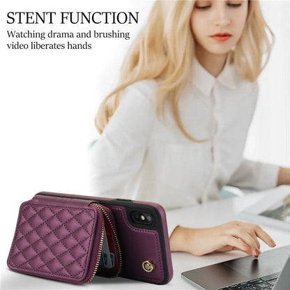 For iPhone XS Max AwQuer Crossbody Zipper Wallet Rhombic Leather Back Phone Case(Dark Purple)