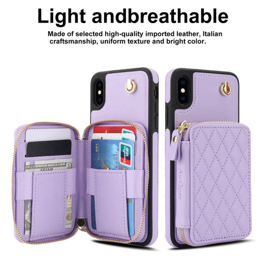 For iPhone XS Max AwQuer Crossbody Zipper Wallet Rhombic Leather Back Phone Case(Purple)