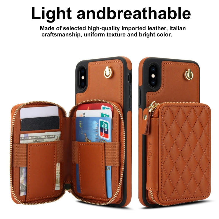For iPhone XS Max AwQuer Crossbody Zipper Wallet Rhombic Leather Back Phone Case(Brown)