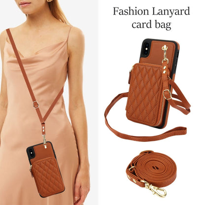 For iPhone XS Max AwQuer Crossbody Zipper Wallet Rhombic Leather Back Phone Case(Brown)