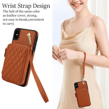 For iPhone XS Max AwQuer Crossbody Zipper Wallet Rhombic Leather Back Phone Case(Brown)