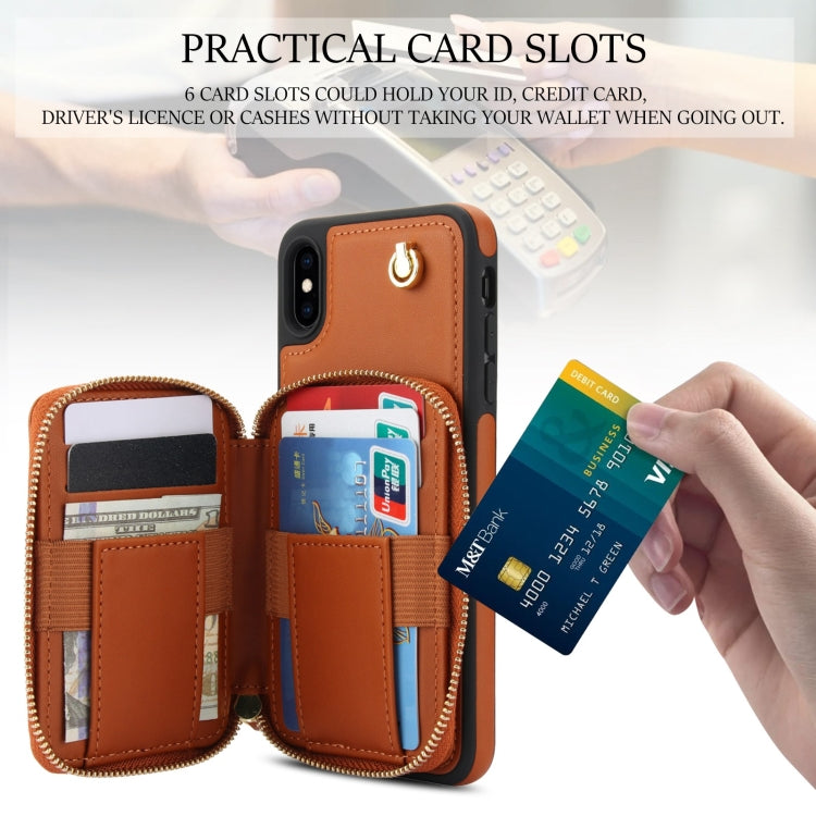 For iPhone XS Max AwQuer Crossbody Zipper Wallet Rhombic Leather Back Phone Case(Brown)