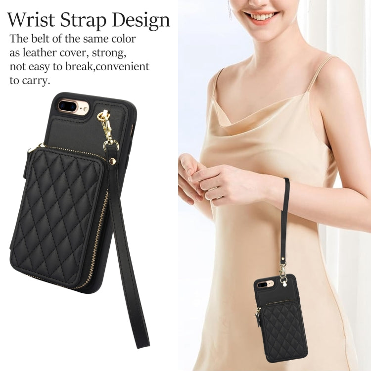 For iPhone 7 Plus / 8 Plus AwQuer Crossbody Zipper Wallet Rhombic Leather Back Phone Case(Black)