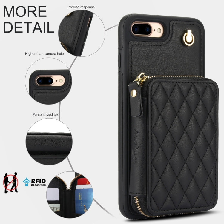 For iPhone 7 Plus / 8 Plus AwQuer Crossbody Zipper Wallet Rhombic Leather Back Phone Case(Black)