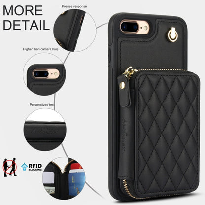 For iPhone 7 Plus / 8 Plus AwQuer Crossbody Zipper Wallet Rhombic Leather Back Phone Case(Black)