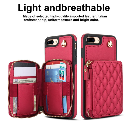 For iPhone 7 Plus / 8 Plus AwQuer Crossbody Zipper Wallet Rhombic Leather Back Phone Case(Red)