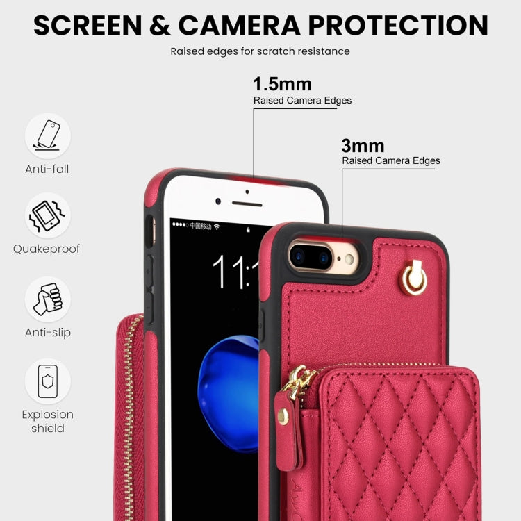 For iPhone 7 Plus / 8 Plus AwQuer Crossbody Zipper Wallet Rhombic Leather Back Phone Case(Red)