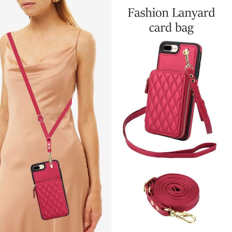 For iPhone 7 Plus / 8 Plus AwQuer Crossbody Zipper Wallet Rhombic Leather Back Phone Case(Red)