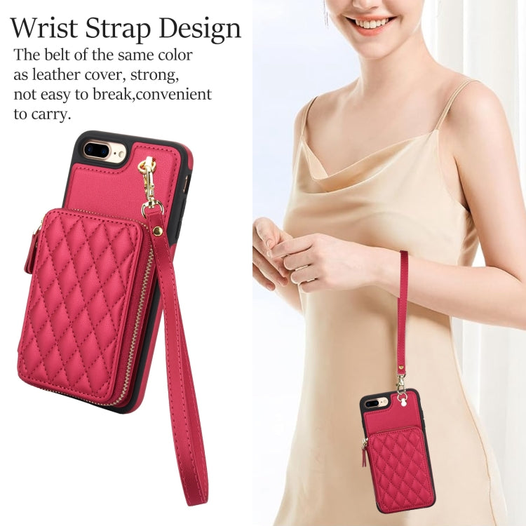For iPhone 7 Plus / 8 Plus AwQuer Crossbody Zipper Wallet Rhombic Leather Back Phone Case(Red)