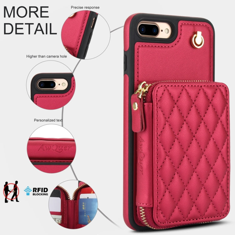 For iPhone 7 Plus / 8 Plus AwQuer Crossbody Zipper Wallet Rhombic Leather Back Phone Case(Red)