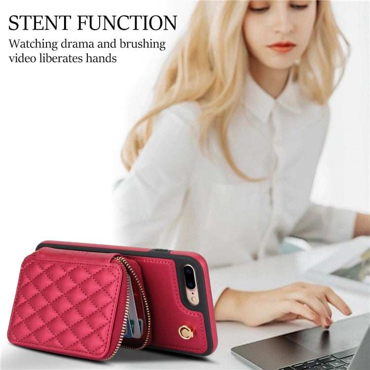For iPhone 7 Plus / 8 Plus AwQuer Crossbody Zipper Wallet Rhombic Leather Back Phone Case(Red)