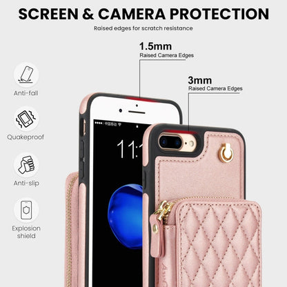 For iPhone 7 Plus / 8 Plus AwQuer Crossbody Zipper Wallet Rhombic Leather Back Phone Case(Rose Gold)