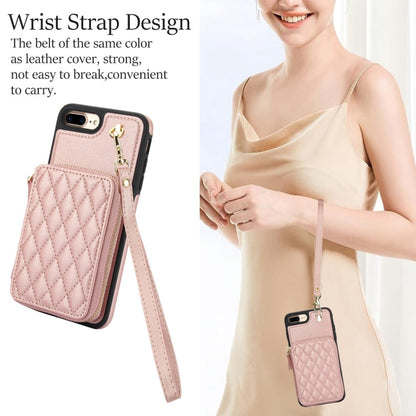 For iPhone 7 Plus / 8 Plus AwQuer Crossbody Zipper Wallet Rhombic Leather Back Phone Case(Rose Gold)