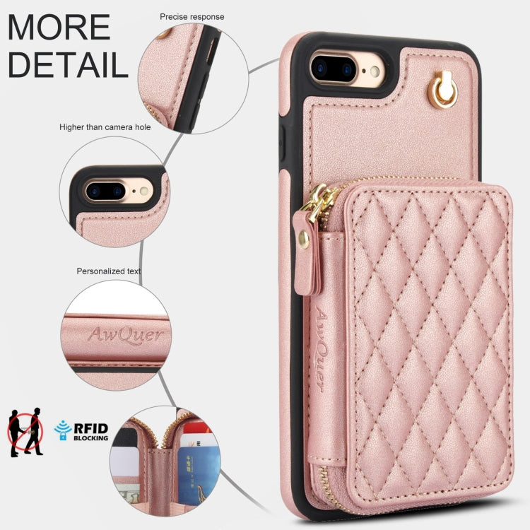 For iPhone 7 Plus / 8 Plus AwQuer Crossbody Zipper Wallet Rhombic Leather Back Phone Case(Rose Gold)