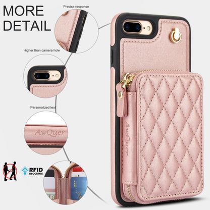 For iPhone 7 Plus / 8 Plus AwQuer Crossbody Zipper Wallet Rhombic Leather Back Phone Case(Rose Gold)