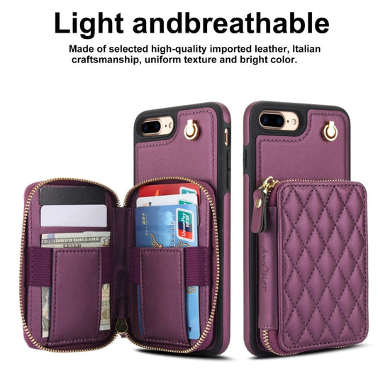 For iPhone 7 Plus / 8 Plus AwQuer Crossbody Zipper Wallet Rhombic Leather Back Phone Case(Dark Purple)