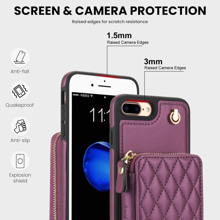 For iPhone 7 Plus / 8 Plus AwQuer Crossbody Zipper Wallet Rhombic Leather Back Phone Case(Dark Purple)