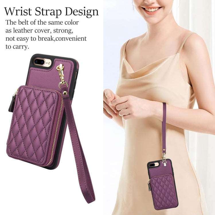 For iPhone 7 Plus / 8 Plus AwQuer Crossbody Zipper Wallet Rhombic Leather Back Phone Case(Dark Purple)