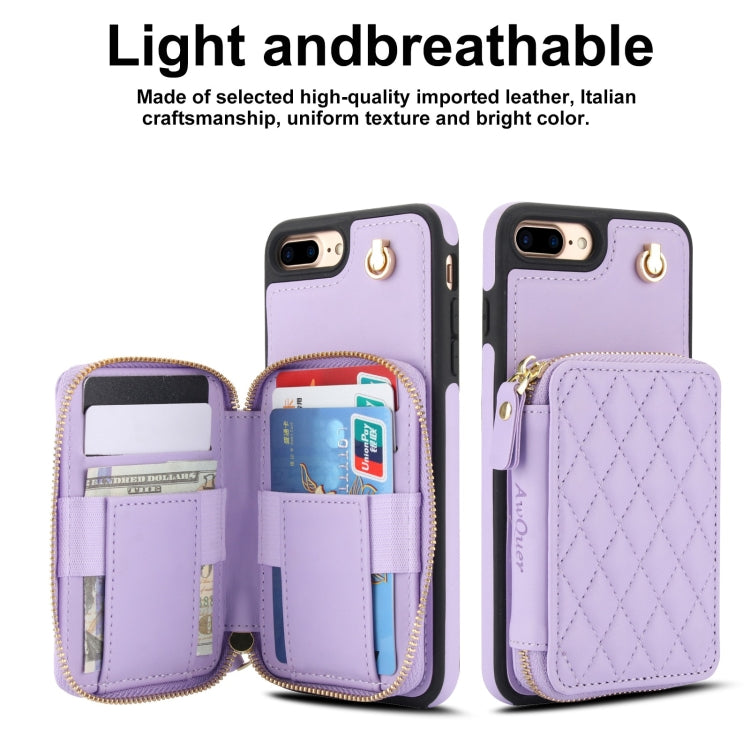 For iPhone 7 Plus / 8 Plus AwQuer Crossbody Zipper Wallet Rhombic Leather Back Phone Case(Purple)