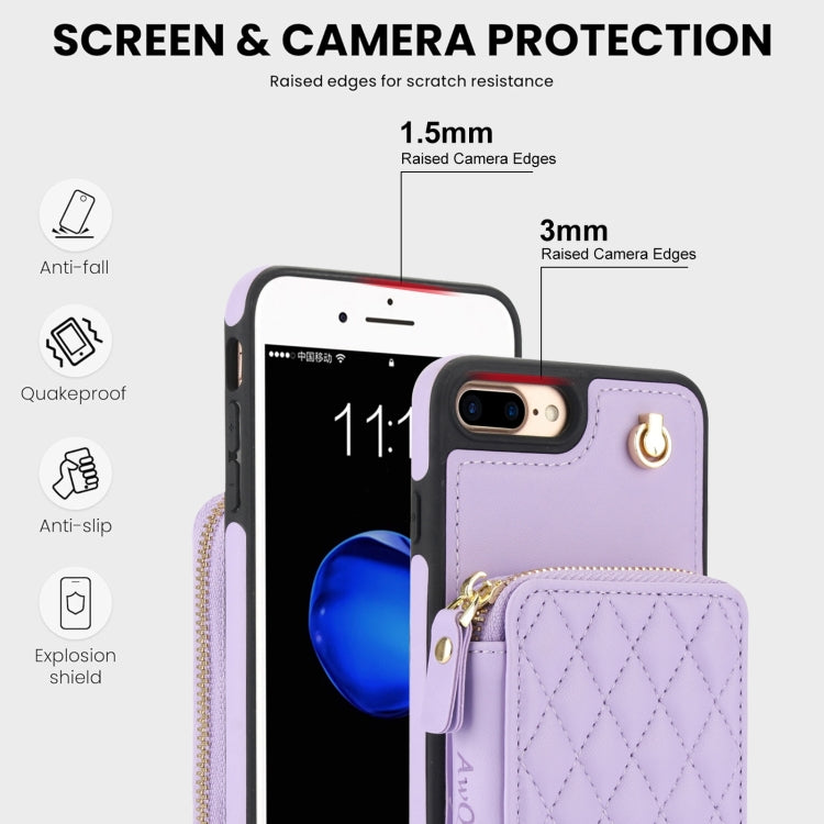 For iPhone 7 Plus / 8 Plus AwQuer Crossbody Zipper Wallet Rhombic Leather Back Phone Case(Purple)