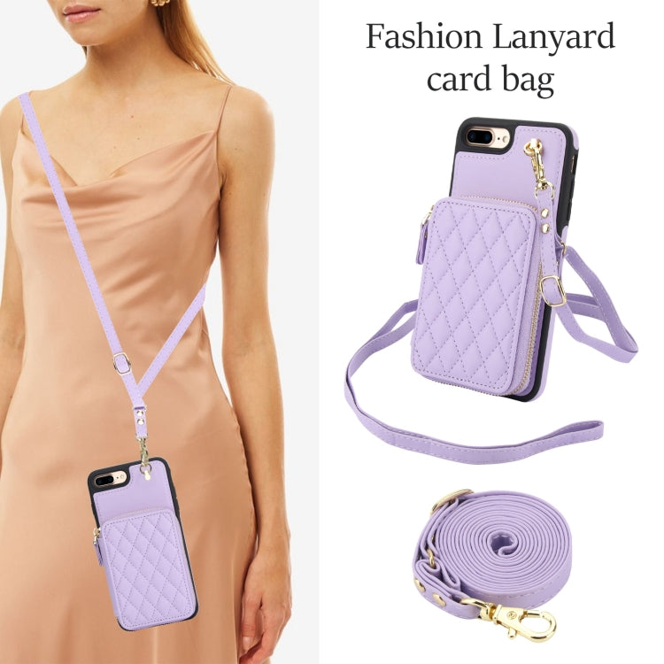 For iPhone 7 Plus / 8 Plus AwQuer Crossbody Zipper Wallet Rhombic Leather Back Phone Case(Purple)