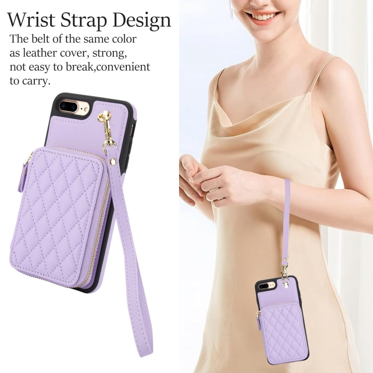 For iPhone 7 Plus / 8 Plus AwQuer Crossbody Zipper Wallet Rhombic Leather Back Phone Case(Purple)