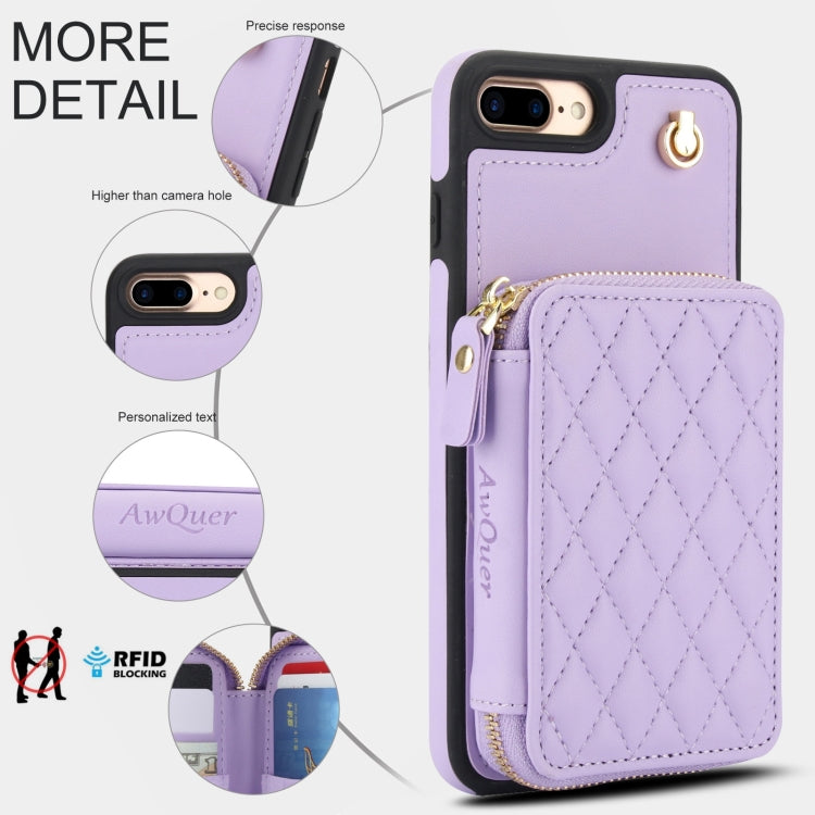 For iPhone 7 Plus / 8 Plus AwQuer Crossbody Zipper Wallet Rhombic Leather Back Phone Case(Purple)