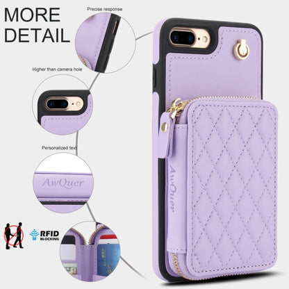 For iPhone 7 Plus / 8 Plus AwQuer Crossbody Zipper Wallet Rhombic Leather Back Phone Case(Purple)