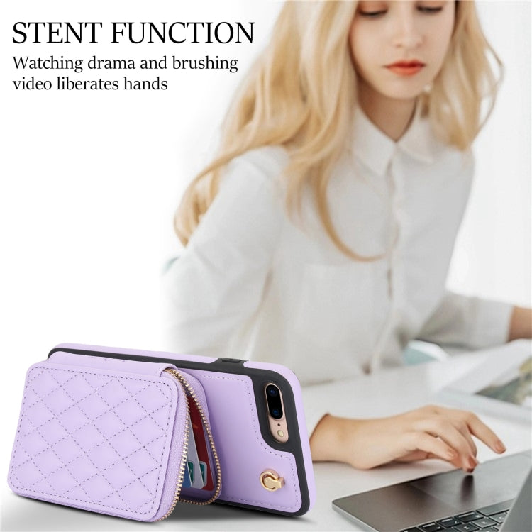 For iPhone 7 Plus / 8 Plus AwQuer Crossbody Zipper Wallet Rhombic Leather Back Phone Case(Purple)