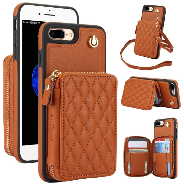 Pour iPhone 7 Plus / 8 Plus Coque de Téléphone en Cuir Rhombique avec Fermeture éclair et Bandoulière AwQuer (Marron)