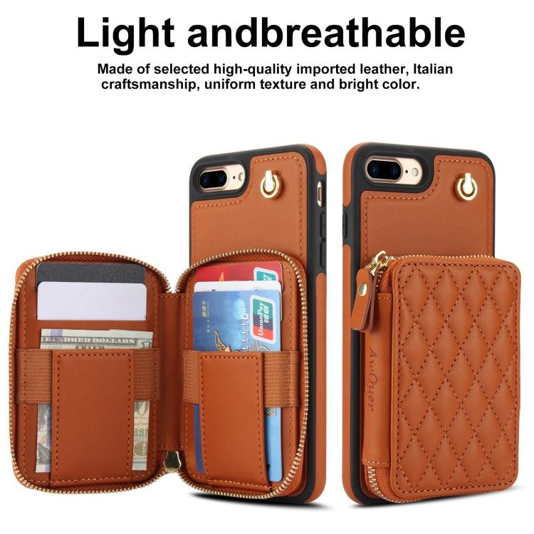 Pour iPhone 7 Plus / 8 Plus Coque de Téléphone en Cuir Rhombique avec Fermeture éclair et Bandoulière AwQuer (Marron)